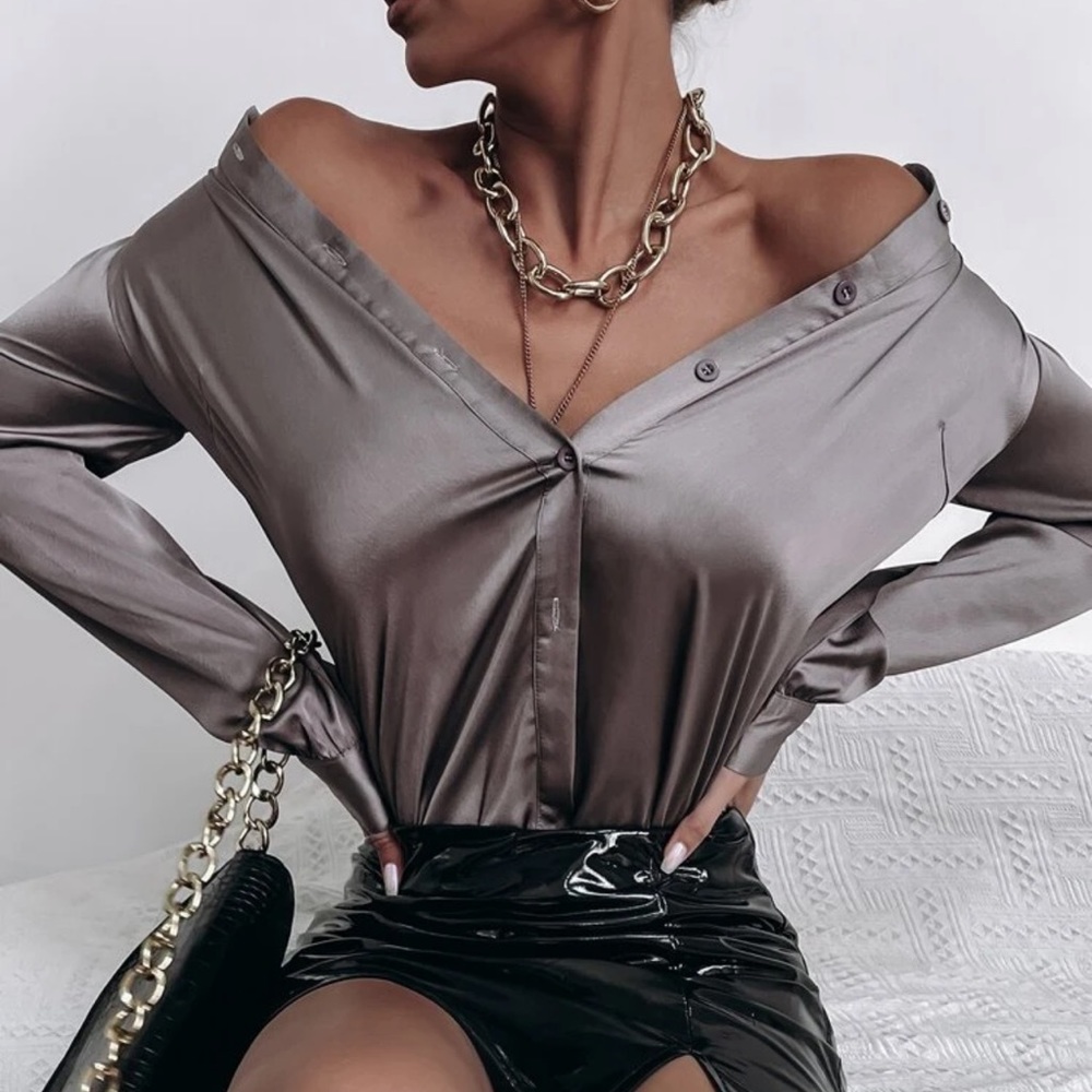 Satin silky button up down shirt sexy business professional casual holiday - Picture 6 of 15